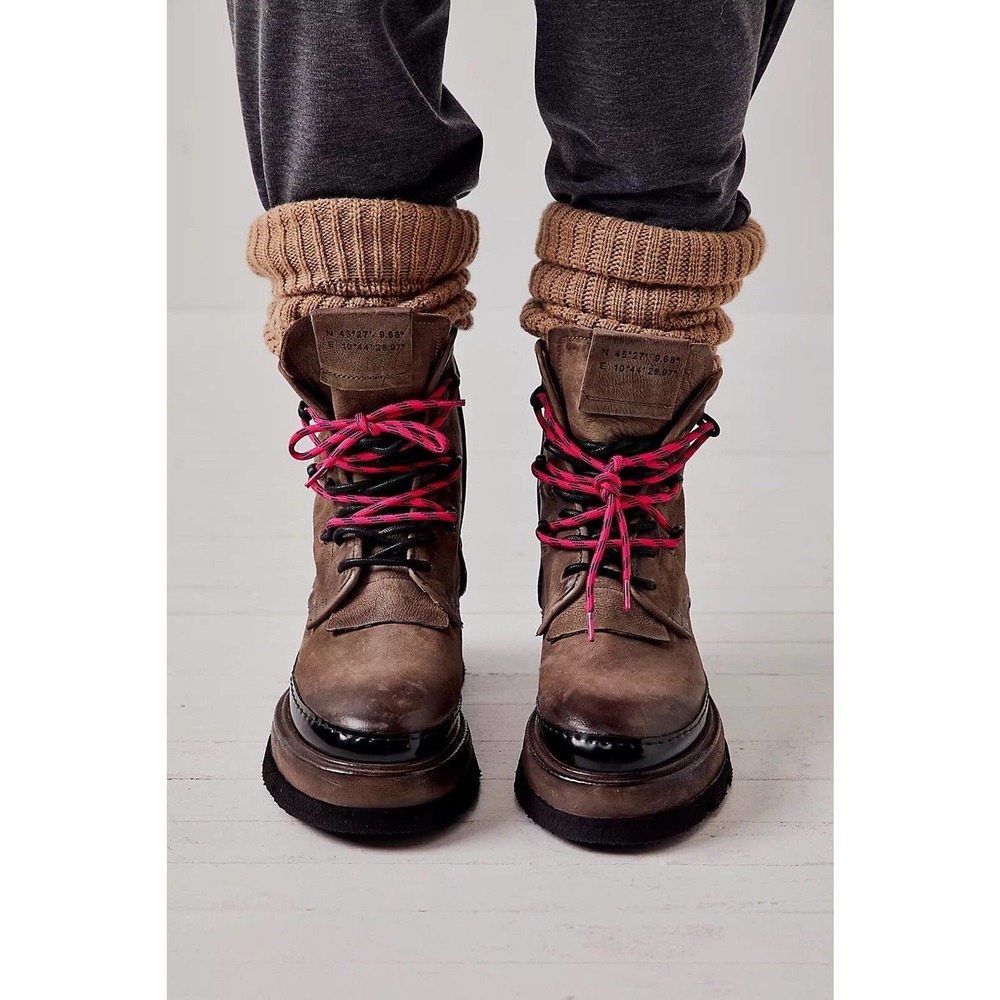 Free People Brown Leather Boots with Pink Laces